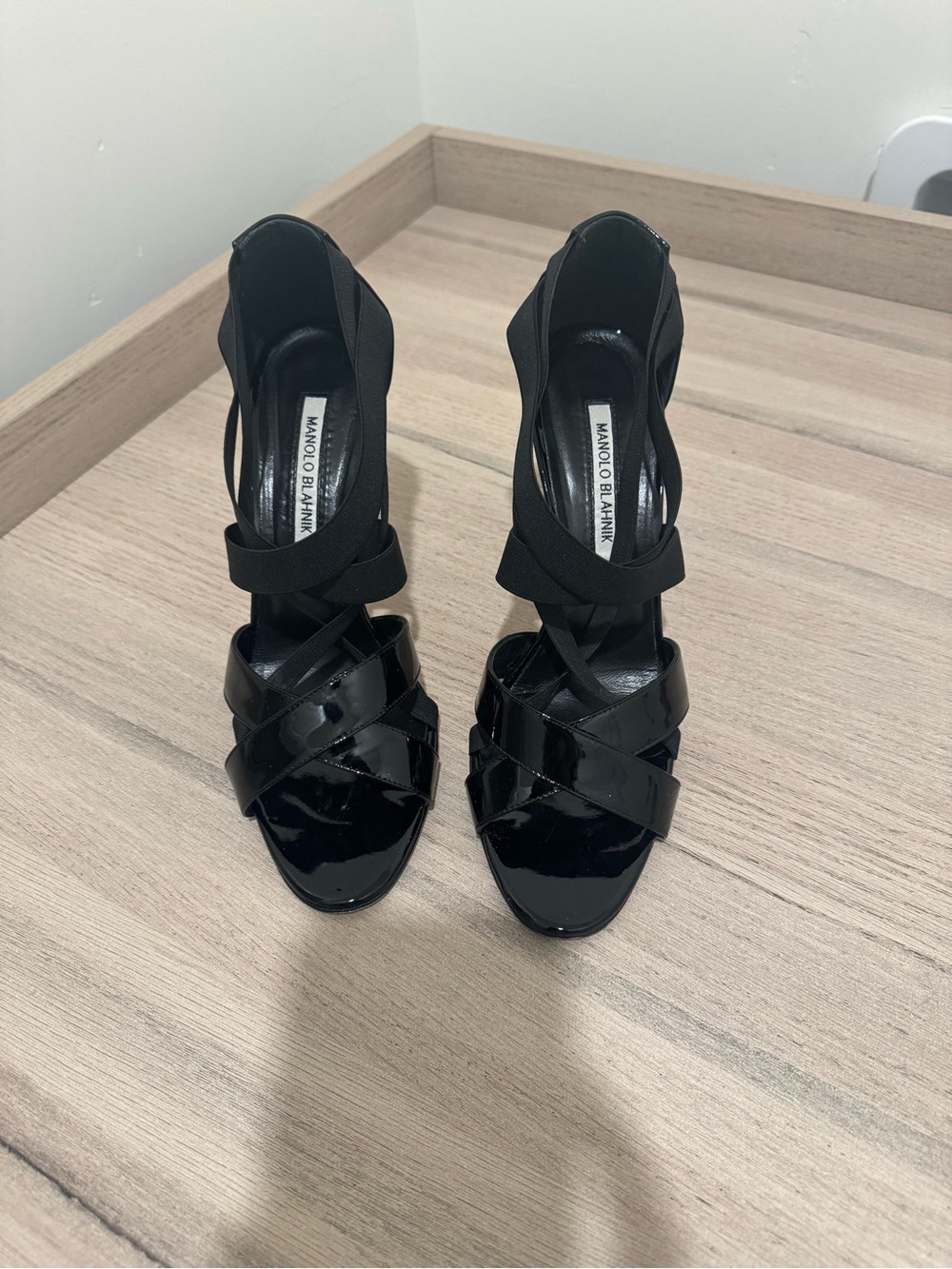 Manolo Blahnik Eletti Patent Elastic Crisscross Sandal Heel Strap